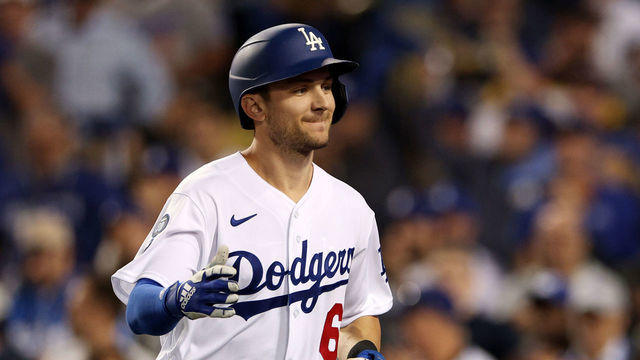 LOS ANGELES, CALIFORNIA - OCTOBER 11: Trea Turner #6 of the Los Angeles Dodgers celebrates after hitting a solo home run during the first inning in game one of the National League Division Series against the San Diego Padres at Dodger Stadium on October 11, 2022 in Los Angeles, California.