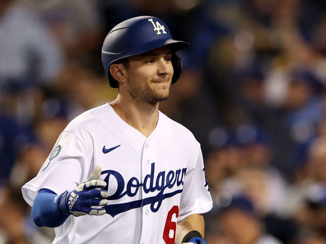 LOS ANGELES, CALIFORNIA - OCTOBER 11: Trea Turner #6 of the Los Angeles Dodgers celebrates after hitting a solo home run during the first inning in game one of the National League Division Series against the San Diego Padres at Dodger Stadium on October 11, 2022 in Los Angeles, California.