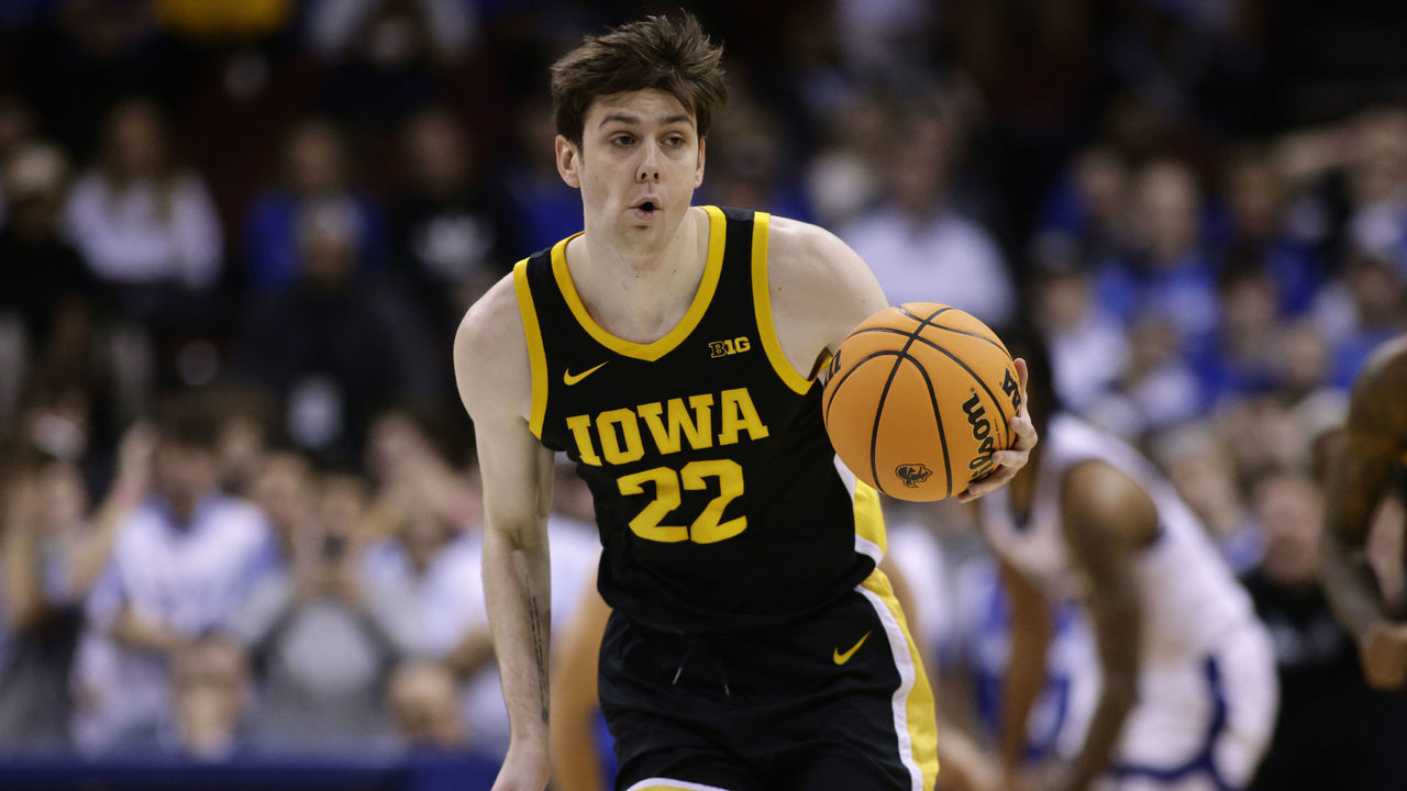 NEWARK, NJ - NOVEMBER 16: Patrick McCaffery #22 of the Iowa Hawkeyes in action against the Seton Hall Pirates during a college basketball game at Prudential Center on November 16, 2022 in Newark, New Jersey. Iowa defeated Seton Hall 83-67.