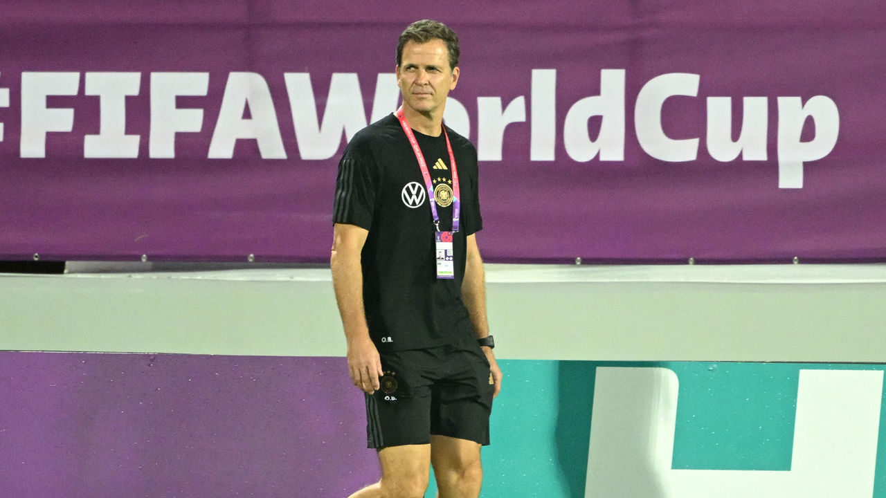 Germany's manager Oliver Bierhoff takes part in a training session at the Al Shamal Stadium in Al Shamal, north of Doha on November 29, 2022, during the Qatar 2022 World Cup football tournament.