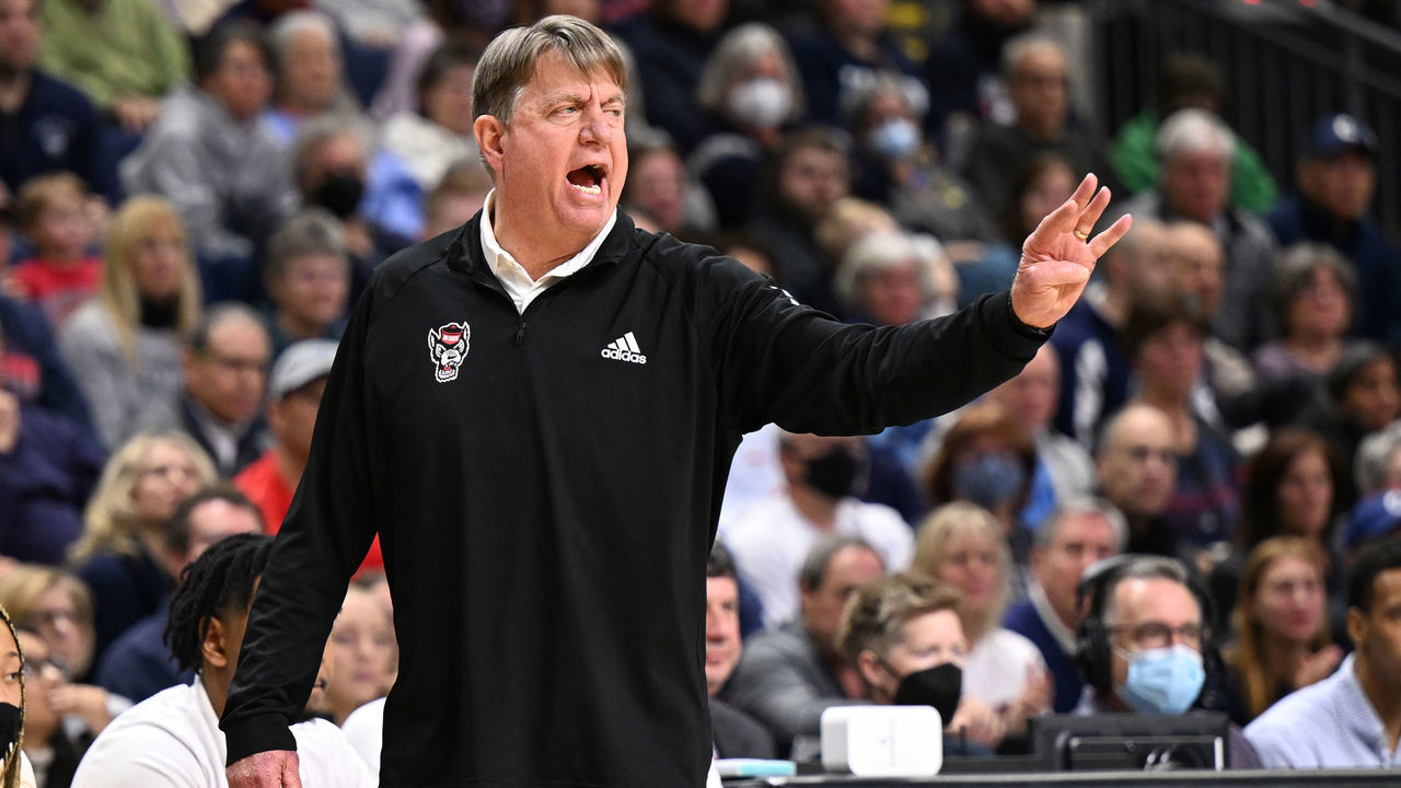 BRIDGEPORT, CT - MARCH 28: N.C. State Wolfpack head coach Wes Moore calls out a play to his team as they play the Connecticut Huskies during the Elite Eight round of the 2022 NCAA Womens Basketball Tournament held at Total Mortgage Arena at Harbor Yard on March 28, 2022 in Bridgeport, Connecticut.