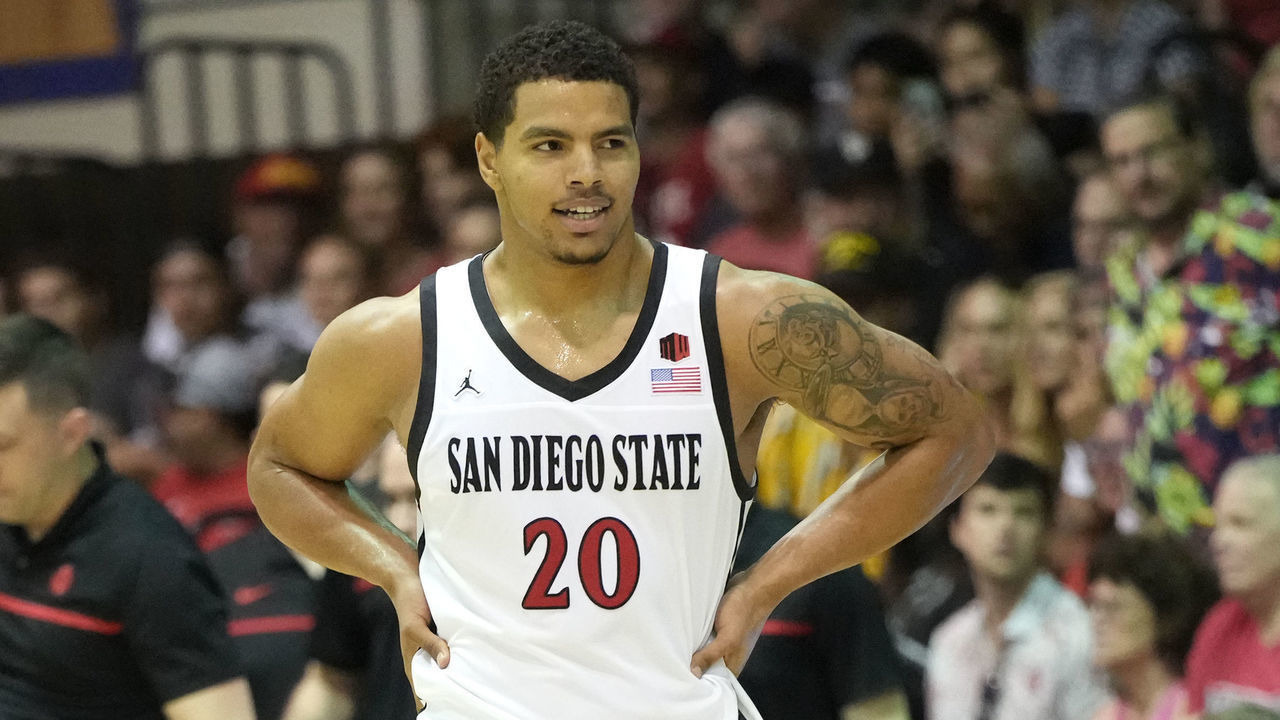 LAHAINA, HI - NOVEMBER 21: Matt Bradley #20 of the San Diego State Aztecs looks on during a first round game of the Maui Jim Invitational college basketball Tournament against the Ohio State Buckeyes at Lahaina Civic Arena on November 21, 2022 in Lahaina, Hawaii.