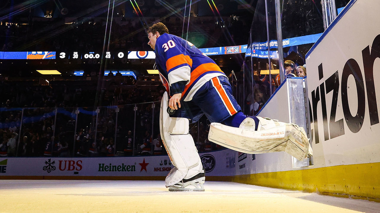 ELMONT, NEW YORK - NOVEMBER 23: Ilya Sorokin #30 of the New York Islanders is awarded the first star of the game after defeating the Edmonton Oilers 3-0 at UBS Arena on November 23, 2022 in Elmont, New York.