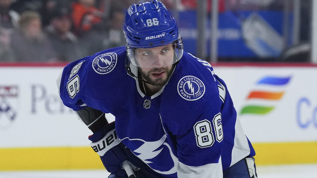PHILADELPHIA, PA - DECEMBER 01: Nikita Kucherov #86 of the Tampa Bay Lightning looks on against the Philadelphia Flyers at the Wells Fargo Center on December 1, 2022 in Philadelphia, Pennsylvania.