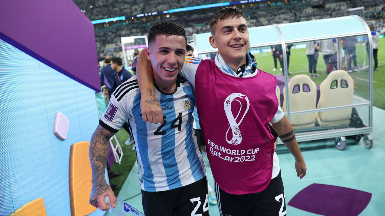 LUSAIL CITY, QATAR - NOVEMBER 26: Enzo Fernandez (L) and Paulo Dybala of Argentina celebrate after the 2-0 win during the FIFA World Cup Qatar 2022 Group C match between Argentina and Mexico at Lusail Stadium on November 26, 2022 in Lusail City, Qatar.