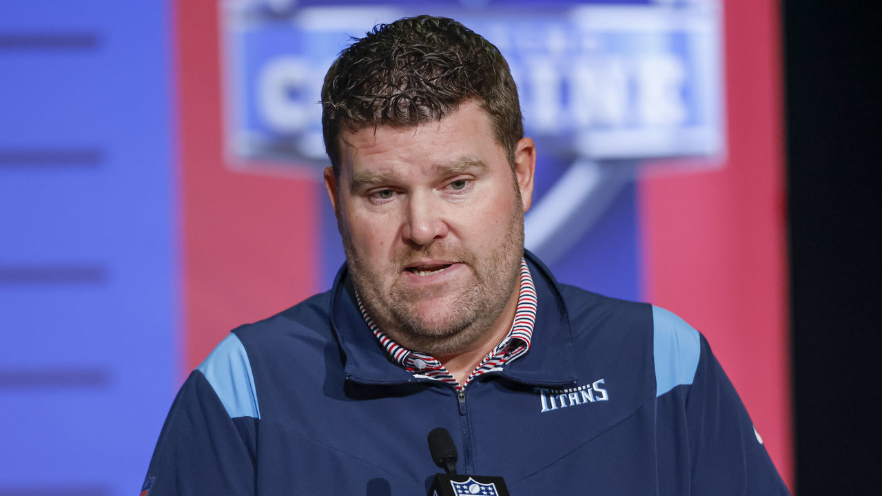 INDIANAPOLIS, IN - MAR 02: General manager, Jon Robinson of the Tennessee Titans speaks to reporters during the NFL Draft Combine at the Indiana Convention Center on March 2, 2022 in Indianapolis, Indiana.