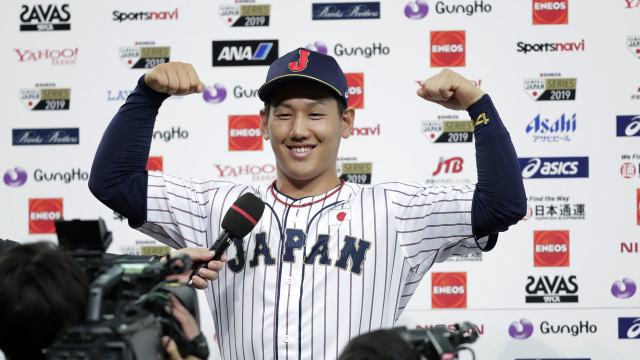 OSAKA, JAPAN - MARCH 10: Outfielder Masataka Yoshida #34 of Japan poses during the interview after the game two between Japan and Mexico at Kyocera Dome Osaka on March 10, 2019 in Osaka, Japan.