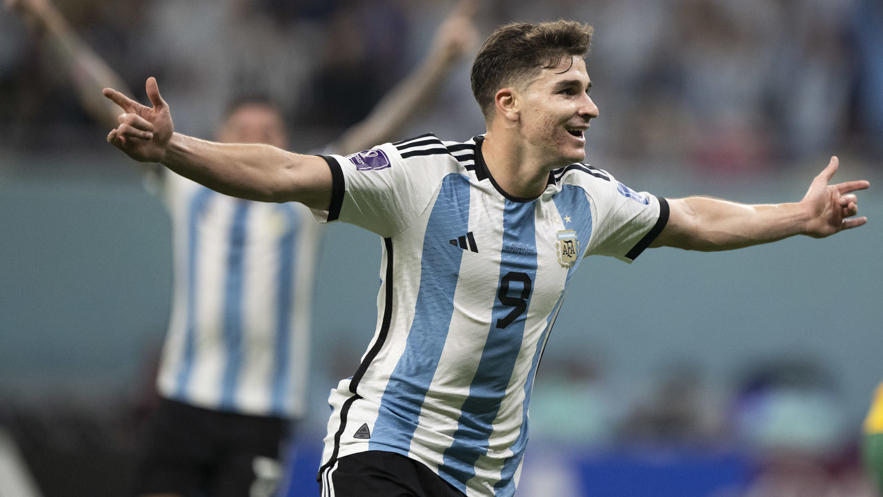 DOHA, QATAR - DECEMBER 03: Julián Álvarez celebrates after scoring the teams second goal during the FIFA World Cup Qatar 2022 Round of 16 match between Argentina and Australia at Ahmad Bin Ali Stadium on December 3, 2022 in Doha, Qatar.