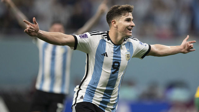 DOHA, QATAR - DECEMBER 03: Julián Álvarez celebrates after scoring the teams second goal during the FIFA World Cup Qatar 2022 Round of 16 match between Argentina and Australia at Ahmad Bin Ali Stadium on December 3, 2022 in Doha, Qatar.