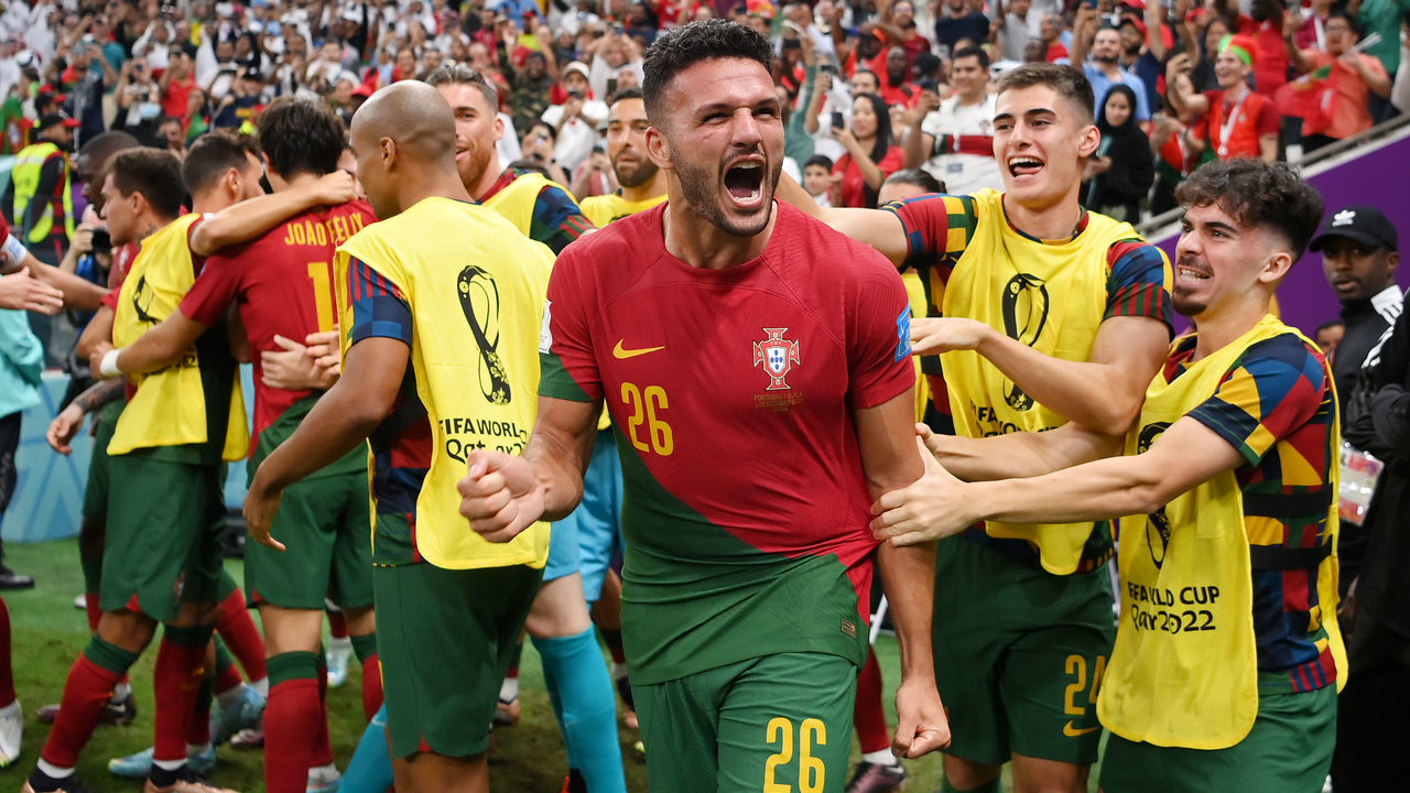 LUSAIL CITY, QATAR - DECEMBER 06: Goncalo Ramos of Portugal celebrates with teammates after scoring the team's first goal during the FIFA World Cup Qatar 2022 Round of 16 match between Portugal and Switzerland at Lusail Stadium on December 06, 2022 in Lusail City, Qatar.