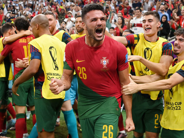 LUSAIL CITY, QATAR - DECEMBER 06: Goncalo Ramos of Portugal celebrates with teammates after scoring the team's first goal during the FIFA World Cup Qatar 2022 Round of 16 match between Portugal and Switzerland at Lusail Stadium on December 06, 2022 in Lusail City, Qatar.