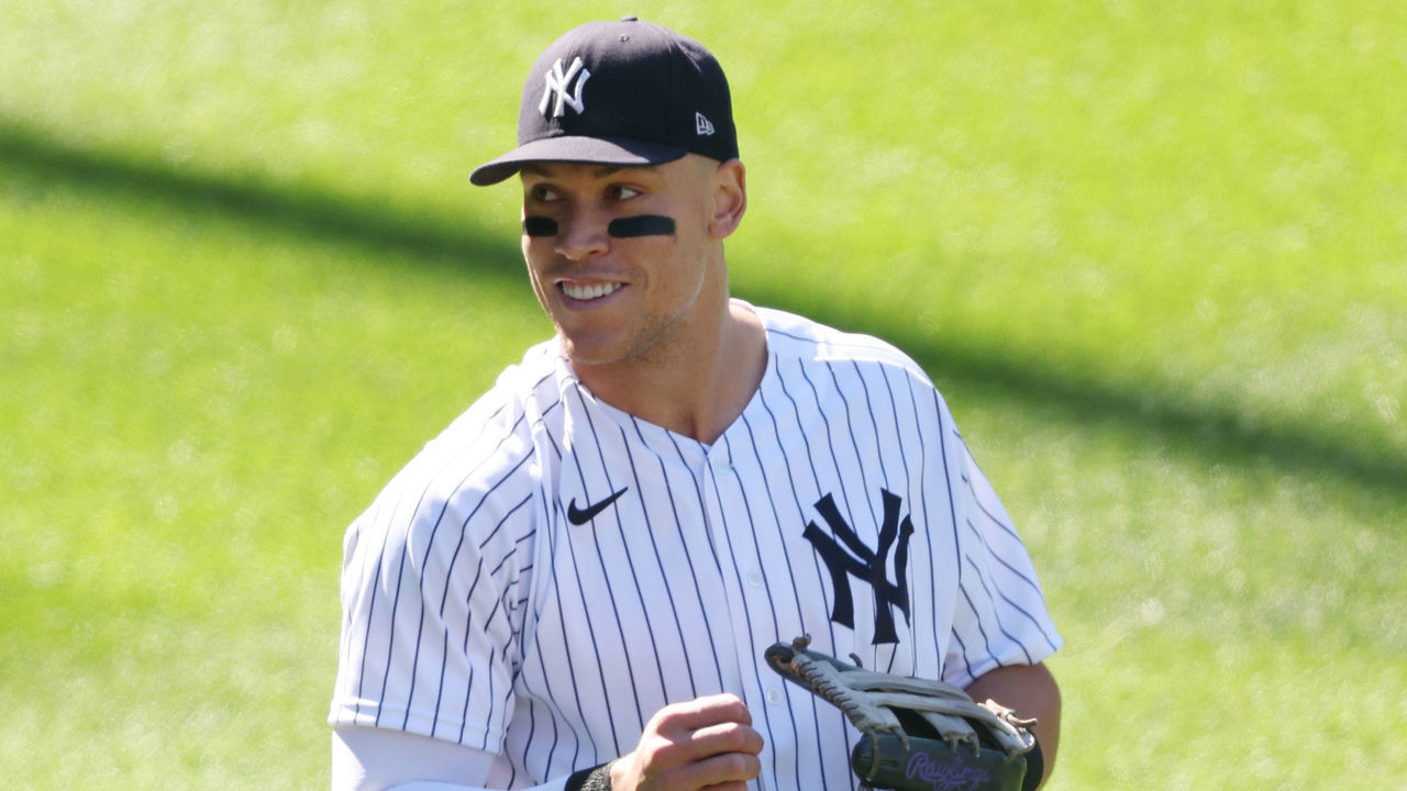 NEW YORK, NEW YORK - OCTOBER 14: Aaron Judge #99 of the New York Yankees warms up before game two of the American League Division Series against the Cleveland Guardians at Yankee Stadium on October 14, 2022 in New York, New York.