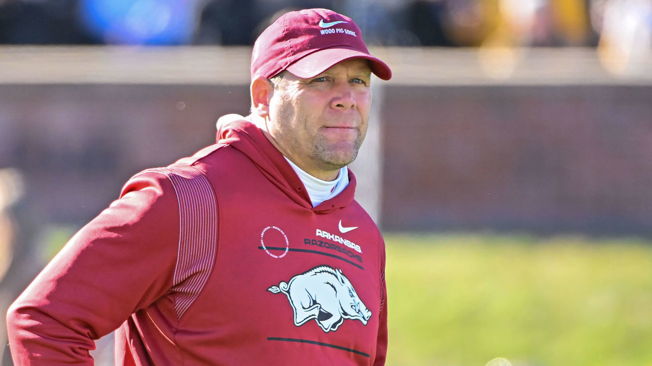 COLUMBIA, MO - NOVEMBER 25: Arkansas Assistant Head Coach Barry Odom during a SEC conference game between the Arkansas Razorbacks and the Missouri Tigers held on Friday NOV 25, 2022 at Faurot Field at Memorial Stadium in Columbia MO. (Photo by Rick Ulreich/Icon Sportswire via Getty Images