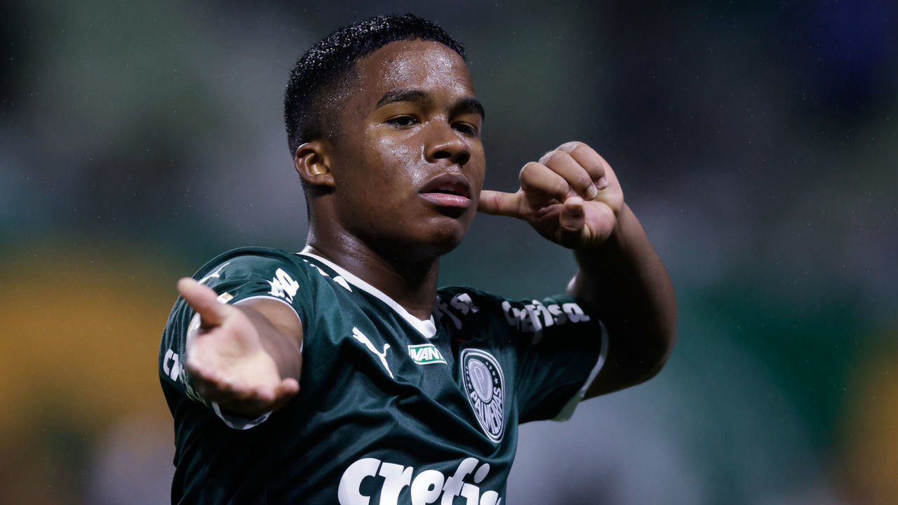 SAO PAULO, BRAZIL - NOVEMBER 02: Endrick of Palmeiras celebrates after scoring the fourth goal of his team during a match between Palmeiras and Fortaleza as part of Brasileirao Series A 2022 at Allianz Parque on November 02, 2022 in Sao Paulo, Brazil.