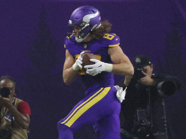 Minneapolis, MN - November 24: Minnesota Vikings TE T.J. Hockenson walks into the end zone for a second quarter score. The Vikings beat the New England Patriots, 33-26.