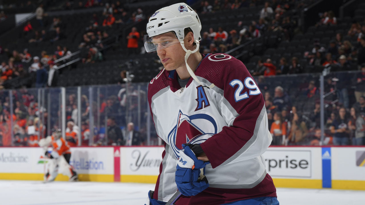 PHILADELPHIA, PA - DECEMBER 05: Nathan MacKinnon #29 of the Colorado Avalanche looks on prior to the game against the Philadelphia Flyers at the Wells Fargo Center on December 5, 2022 in Philadelphia, Pennsylvania.
