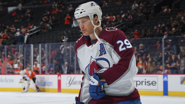PHILADELPHIA, PA - DECEMBER 05: Nathan MacKinnon #29 of the Colorado Avalanche looks on prior to the game against the Philadelphia Flyers at the Wells Fargo Center on December 5, 2022 in Philadelphia, Pennsylvania.