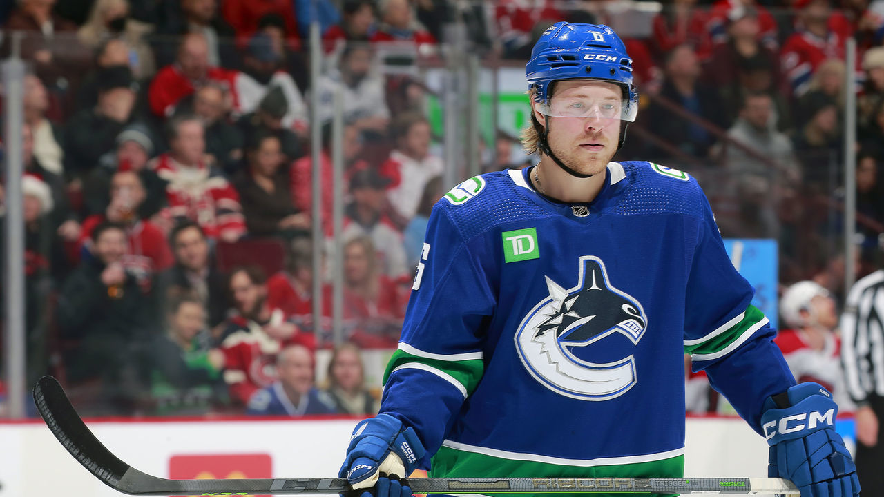 VANCOUVER, CANADA - DECEMBER 5: Brock Boeser #6 of the Vancouver Canucks skates up ice during their NHL game against the Montréal Canadiens at Rogers Arena December 5, 2022 in Vancouver, British Columbia, Canada.