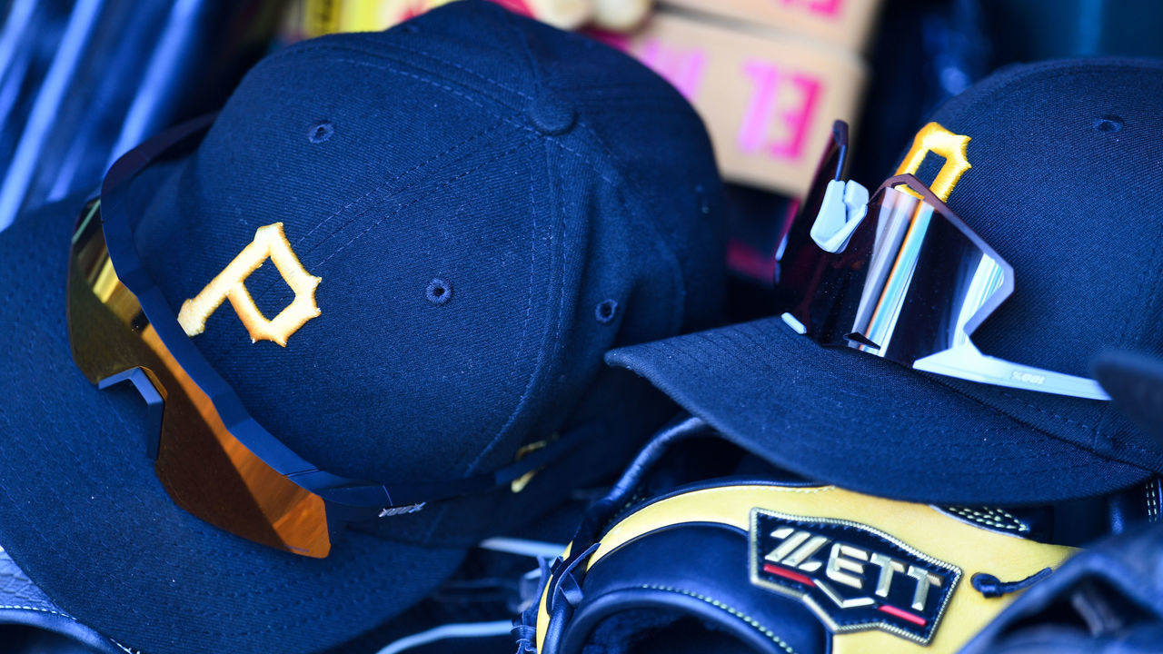 WASHINGTON, DC - JUNE 29, 2022: A closeup view of Pittsburgh Pirates hats during the fifth inning against the Washington Nationals at Nationals Park on June 29, 2022 in Washington, DC.