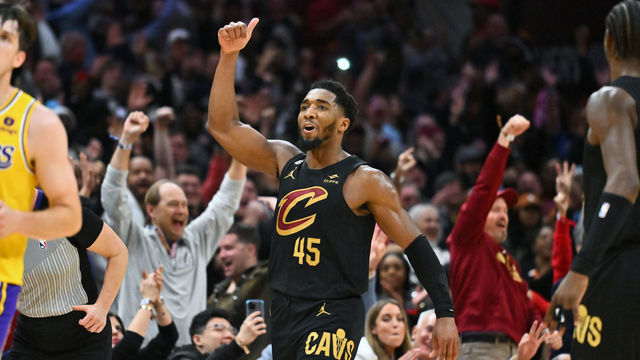 CLEVELAND, OHIO - DECEMBER 06: Donovan Mitchell #45 of the Cleveland Cavaliers celebrates after scoring during the fourth quarter against the Los Angeles Lakers at Rocket Mortgage Fieldhouse on December 06, 2022 in Cleveland, Ohio. The Cavaliers defeated the Lakers 115-100.