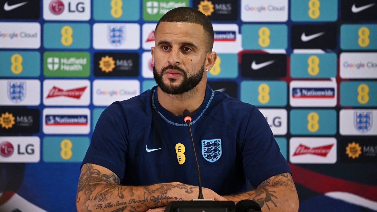 England's defender Kyle Walker gives a press conference at the Al Wakrah SC Stadium, south of Doha, on December 7, 2022, during the Qatar 2022 World Cup football tournament. - England and France will meet in one of the Qatar 2022 World Cup quarter-finals on December 10.