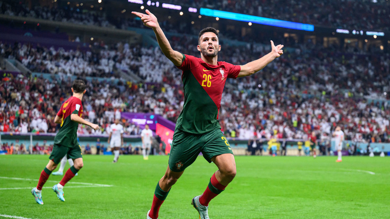 LUSAIL CITY, QATAR - DECEMBER 06: Goncalo Ramos of Portugal celebrates after scoring his team's fifth goal during the FIFA World Cup Qatar 2022 Round of 16 match between Portugal and Switzerland at Lusail Stadium on December 06, 2022 in Lusail City, Qatar.