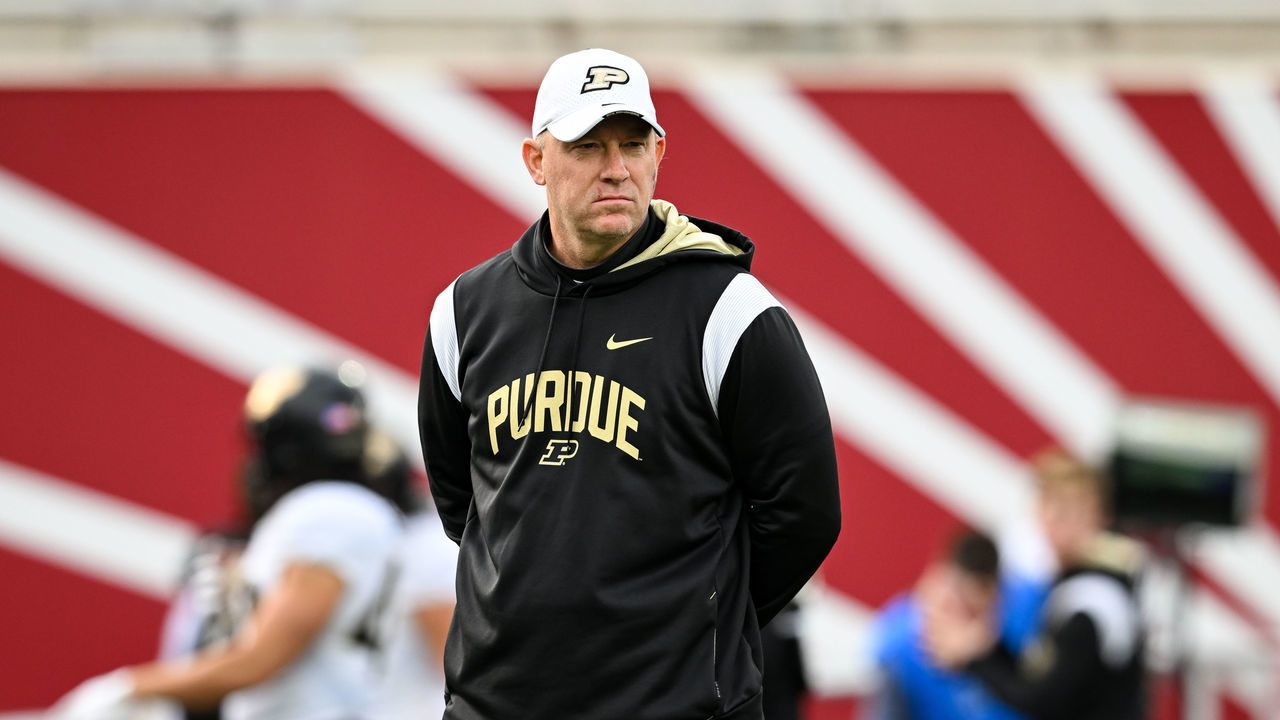 BLOOMINGTON, IN - NOVEMBER 26: Purdue head coach Jeff Brohm prior to a college football game between the Purdue Boilermakers and Indiana Hoosiers on November 26, 2022 at Memorial Stadium in Indianapolis, Indiana.