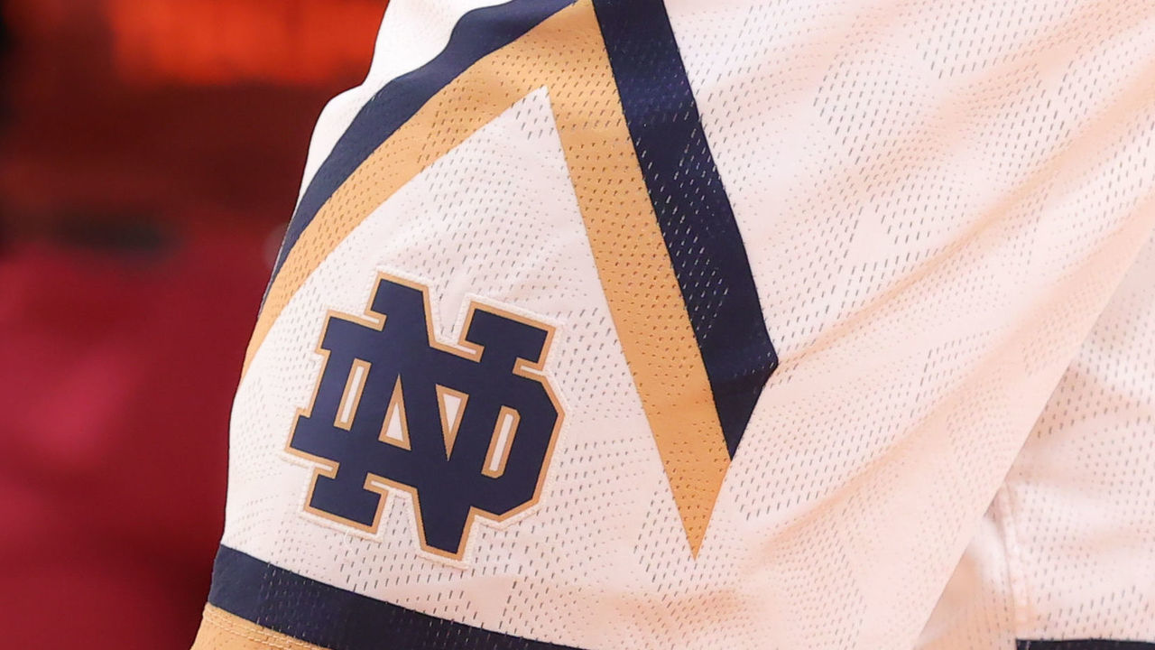 BROOKLYN, NY - MARCH 10: A general view of the Notre Dame Fighting Irish shorts logo during the first half of the ACC Tournament quarterfinal college basketball game between the Notre Dame Fighting Irish and the Virginia Tech Hokies on March 10, 2022 at the Barclays Center in Brooklyn, New York.