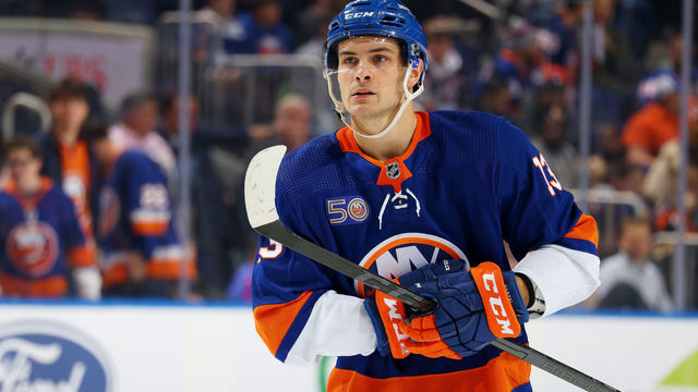 ELMONT, NEW YORK - DECEMBER 02: Mathew Barzal #13 of the New York Islanders in action against the Nashville Predators at UBS Arena on December 02, 2022 in Elmont, New York. New York Islanders defeated the Nashville Predators 4-1.