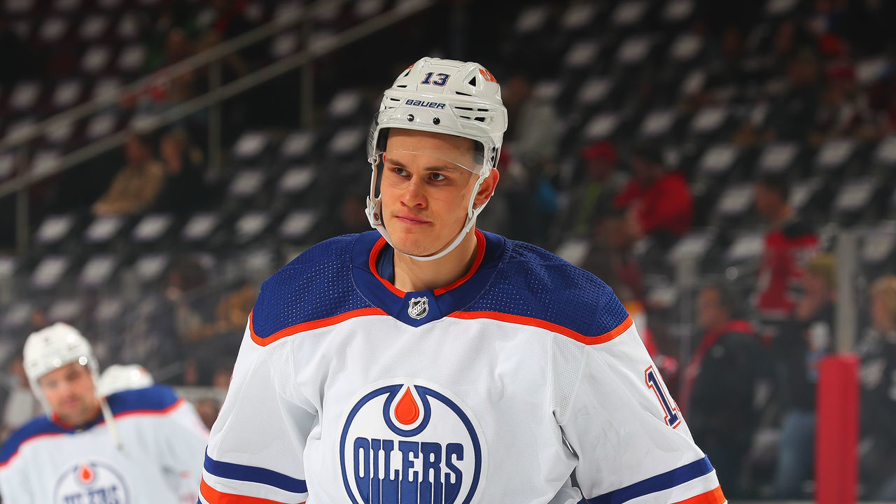 NEWARK, NJ - NOVEMBER 21: Edmonton Oilers right wing Jesse Puljujarvi (13) skates during warms up prior to the game against the New Jersey Devils on November 21, 2022 at the Prudential Center in Newark, New Jersey.