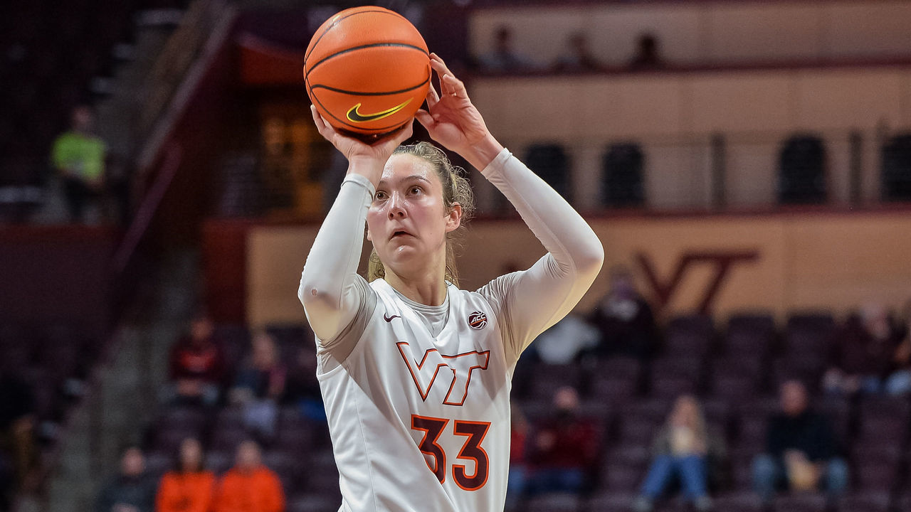BLACKSBURG, VA - DECEMBER 30: Virginia Tech Hokies center Elizabeth Kitley (33) shoots a free throw during a college basketball game between the Duke Blue Devils and the Virginia Tech Hokies on December 30, 2021 at Cassell Coliseum in Blacksburg, VA.