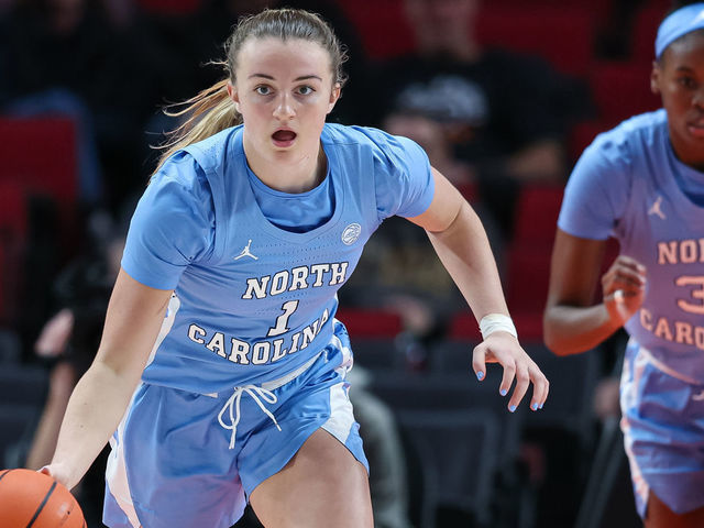 PORTLAND, OR - NOVEMBER 27: Alyssa Ustby #1 of the North Carolina Tar Heels brings the ball up court during the game against the Iowa State Cyclones in the Phil Knight Invitational Tournament Womens Championship at Moda Center on November 27, 2022 in Portland, Oregon.