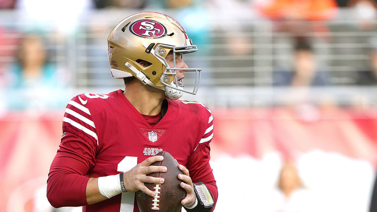 SANTA CLARA, CALIFORNIA - DECEMBER 04: Brock Purdy #13 of the San Francisco 49ers drops back to pass against the Miami Dolphins during the second quarter of an NFL football game at Levi's Stadium on December 04, 2022 in Santa Clara, California.