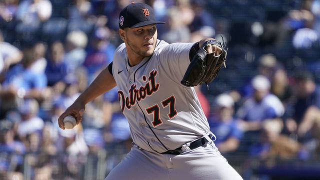 KANSAS CITY, MO - SEPTEMBER 11: Joe Jimenez #77 of the Detroit Tigers throws against the Kansas City Royals in the seventh inning at Kauffman Stadium on September 11, 2022 in Kansas City, Missouri.