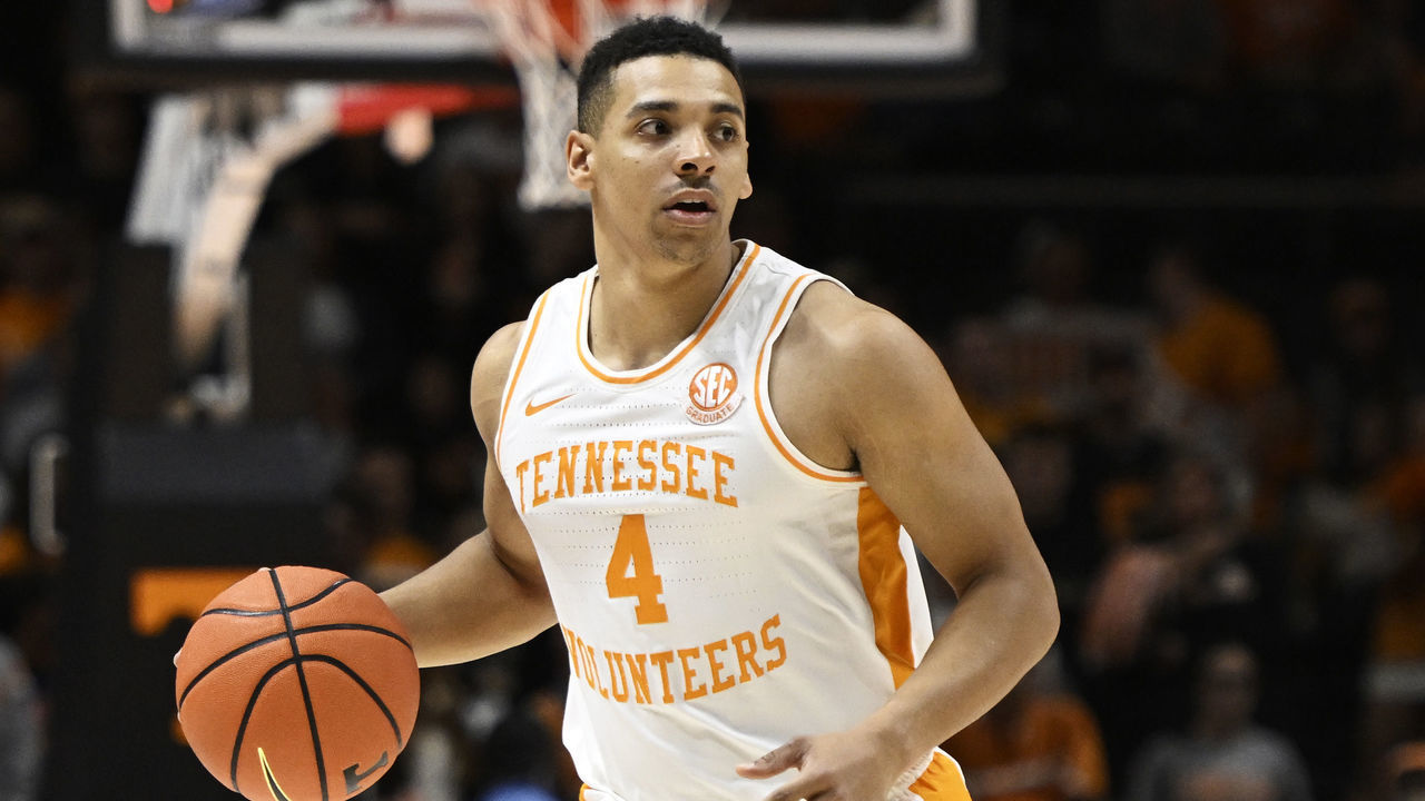 KNOXVILLE, TENNESSEE - NOVEMBER 30: Tyreke Key #4 of the Tennessee Volunteers dribbles up court against the McNeese State Cowboys in the first half at Thompson-Boling Arena on November 30, 2022 in Knoxville, Tennessee.