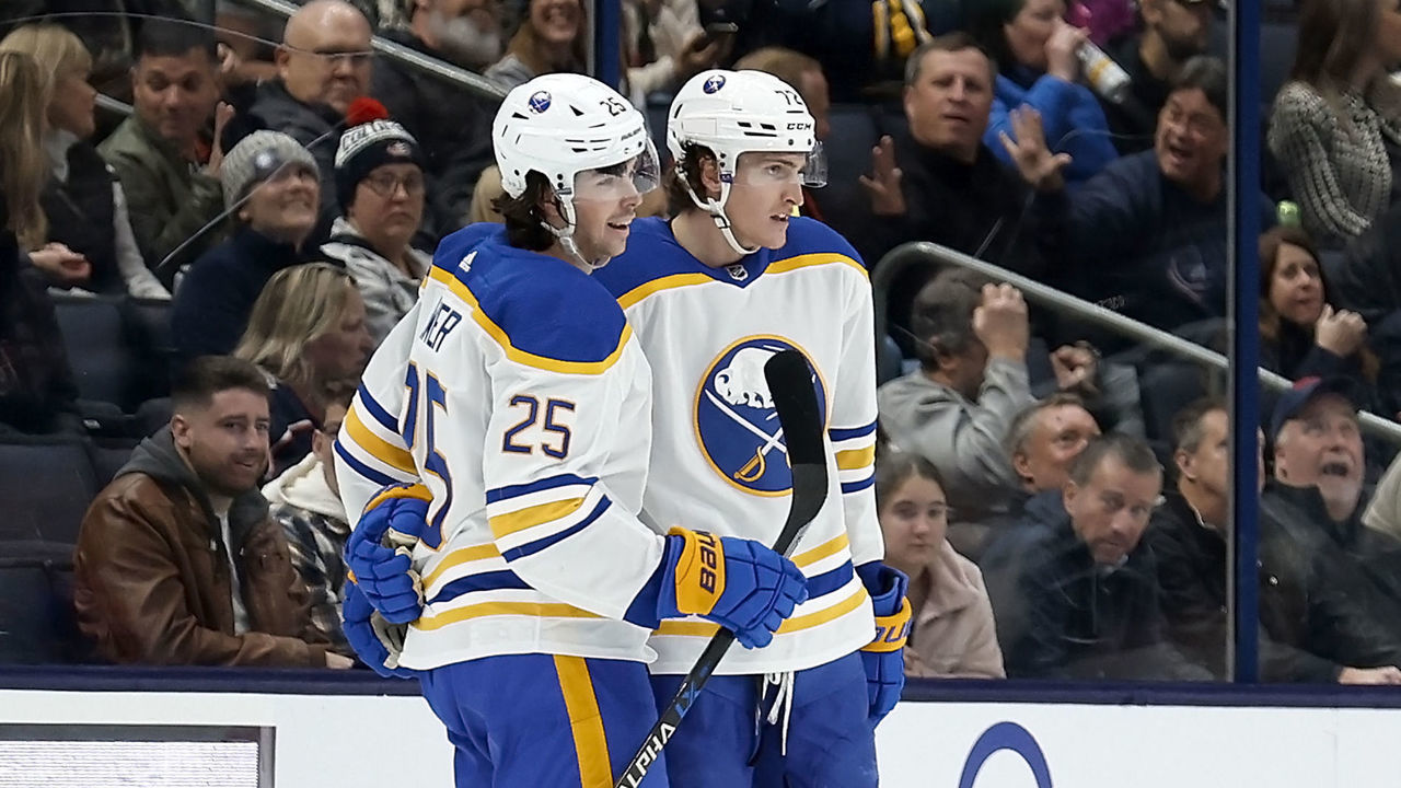 COLUMBUS, OH - DECEMBER 07: Tage Thompson #72 of the Buffalo Sabres is congratulated by Owen Power #25 after scoring his fifth goal of the game during the second period against the Columbus Blue Jackets at Nationwide Arena on December 7, 2022 in Columbus, Ohio.