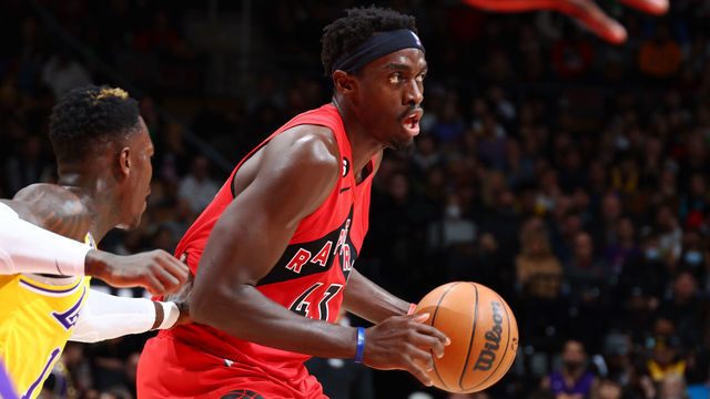 TORONTO, CANADA - DECEMBER 7: Pascal Siakam #43 of the Toronto Raptors drives to the basket against the Los Angeles Lakers on December 7, 2022 at the Scotiabank Arena in Toronto, Ontario, Canada. Mandatory Copyright Notice: Copyright 2022 NBAE