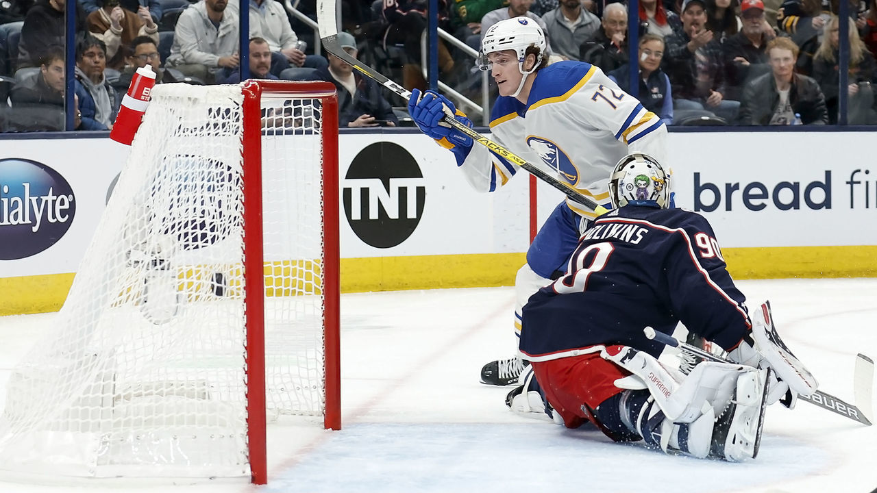 COLUMBUS, OH - DECEMBER 07: Tage Thompson #72 of the Buffalo Sabres beats Elvis Merzlikins #90 of the Columbus Blue Jackets for his first of four goals in the first period of the game at Nationwide Arena on December 7, 2022 in Columbus, Ohio.