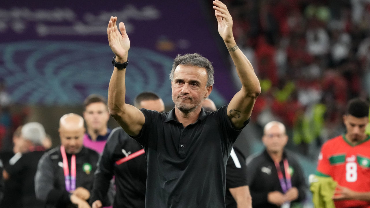 AL RAYYAN, QATAR - DECEMBER 06: Coach Luis Enrique of Spain disappointed during the FIFA World Cup Qatar 2022 Round of 16 match between Morocco and Spain at Education City Stadium on December 06, 2022 in Al Rayyan, Qatar.