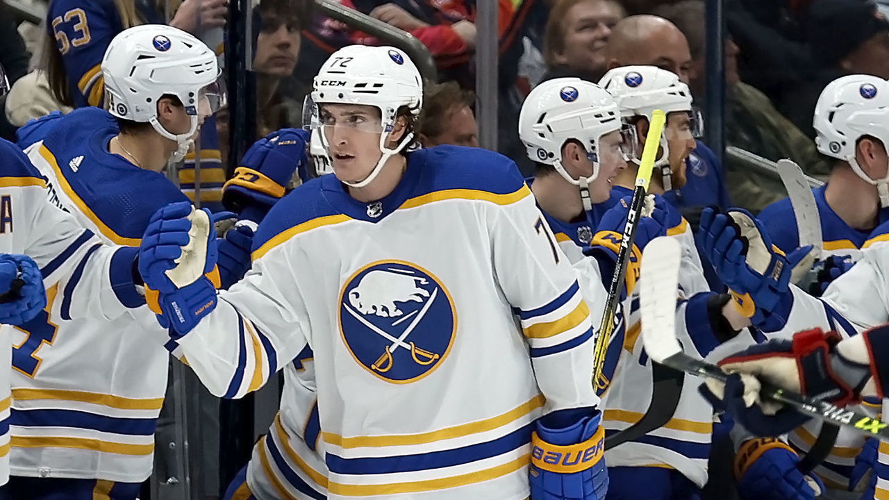 COLUMBUS, OH - DECEMBER 07: Tage Thompson #72 of the Buffalo Sabres is congratulated by his teammates after scoring his fifth goal of the game against the Columbus Blue Jackets during the second period at Nationwide Arena on December 7, 2022 in Columbus, Ohio.