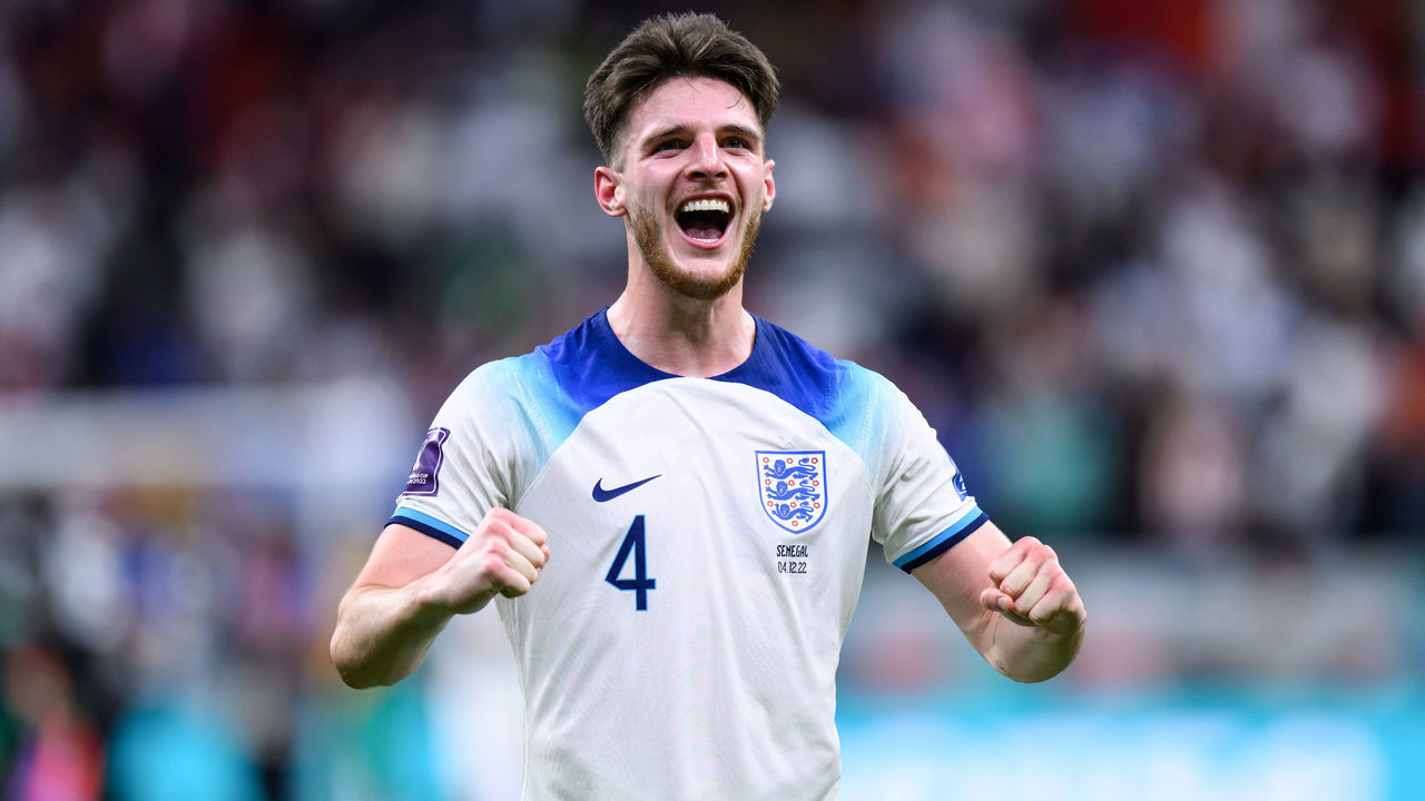 AL KHOR, QATAR - DECEMBER 04: Declan Rice of England celebrates after to the FIFA World Cup Qatar 2022 Round of 16 match between England and Senegal at Al Bayt Stadium on December 04, 2022 in Al Khor, Qatar.