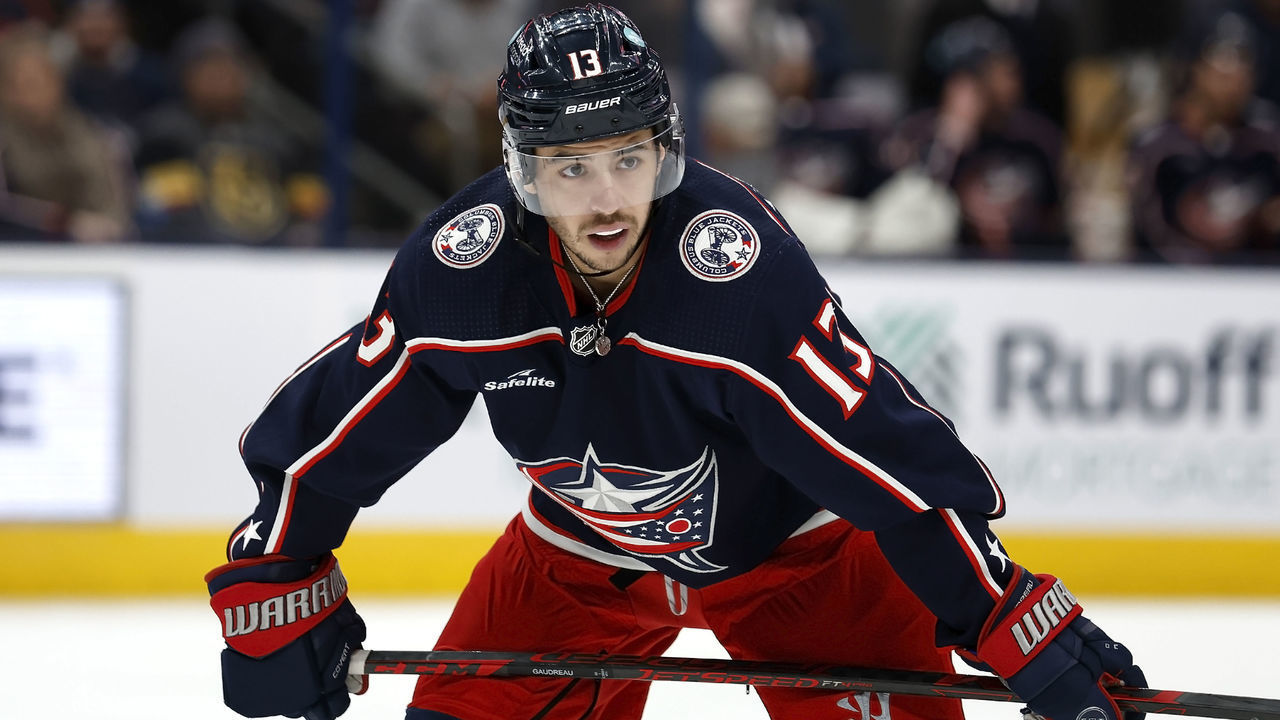 COLUMBUS, OH - NOVEMBER 28: Johnny Gaudreau #13 of the Columbus Blue Jackets lines up for a face-off during the game against the Vegas Golden Knights at Nationwide Arena on November 28, 2022 in Columbus, Ohio.