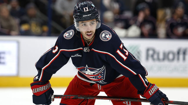 COLUMBUS, OH - NOVEMBER 28: Johnny Gaudreau #13 of the Columbus Blue Jackets lines up for a face-off during the game against the Vegas Golden Knights at Nationwide Arena on November 28, 2022 in Columbus, Ohio.