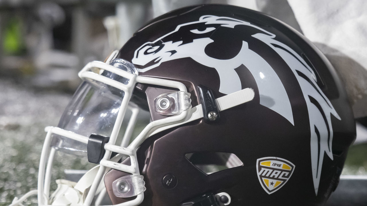 KALAMAZOO, MI - NOVEMBER 09: A general view of a Western Michigan Broncos helmet during the college football game between the Northern Illinois Huskies and Western Michigan Broncos on November 09, 2022, at Waldo Stadium in Kalamazoo, MI.