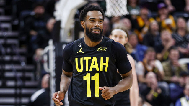 SALT LAKE CITY, UT - NOVEMBER 15: Mike Conley #11 of the Utah Jazz smiles against the New York Knicks on November 15, 2022 at vivint.SmartHome Arena in Salt Lake City, Utah. Mandatory Copyright Notice: Copyright 2022 NBAE