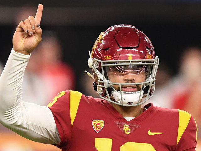 LAS VEGAS, NV - DECEMBER 02: USC Trojans quarterback Caleb Williams (13) calls out play number one during the Pac-12 Conference championship game between the Utah Utes and the USC Trojans at Allegiant Stadium on December 2, 2022 in Las Vegas, Nevada.