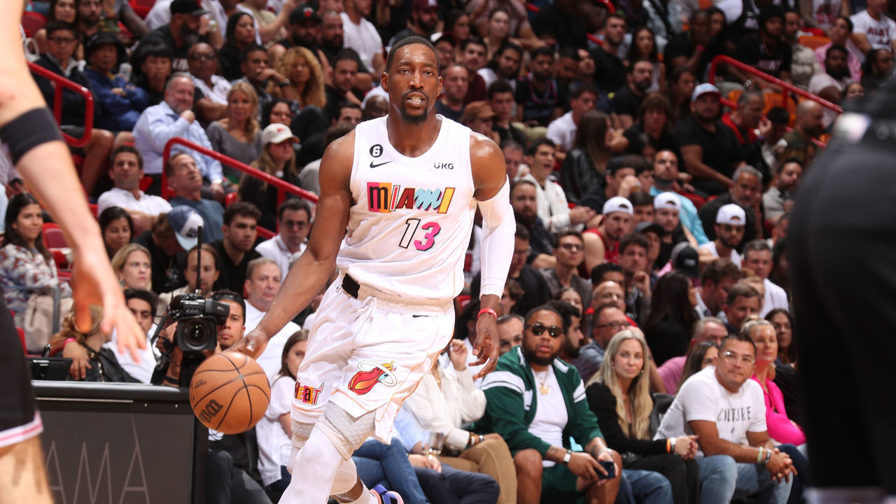 MIAMI, FL - DECEMBER 8: Bam Adebayo #13 of the Miami Heat dribbles the ball during the game against the LA Clippers on December 8, 2022 at FTX Arena in Miami, Florida. Mandatory Copyright Notice: Copyright 2022 NBAE