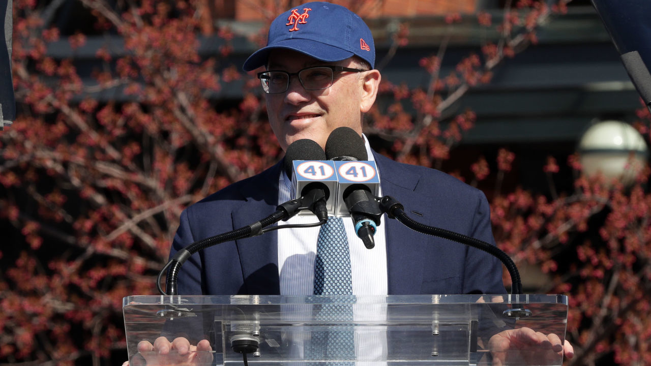 FLUSHING, - APRIL 15: New York Mets owner Steve Cohen speaks to the crowd during the Tom Seaver Statue Dedication at Citi Field on Friday, April 15, 2022 in Flushing, NY.