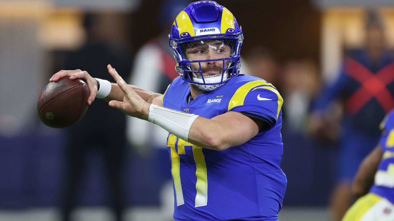 INGLEWOOD, CALIFORNIA - DECEMBER 08: Baker Mayfield #17 of the Los Angeles Rams passes the ball against the Las Vegas Raiders during the second quarter at SoFi Stadium on December 08, 2022 in Inglewood, California.