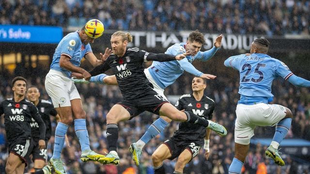 MANCHESTER, ENGLAND - NOVEMBER 05: Rodrigo of Man City heads the ball during the Premier League match between Manchester City and Fulham at the Etihad Stadium on November 5, 2022 in Manchester, United Kingdom.